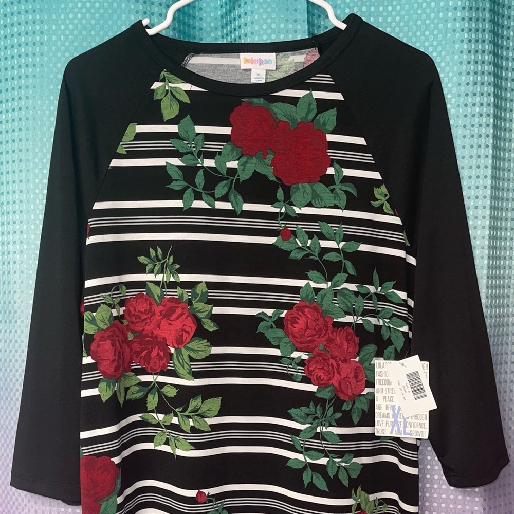 NWT Lularoe XL black stripe red rose Randy tee